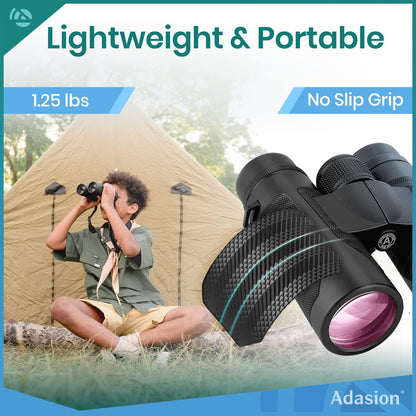 Adasion Binoculares 12x42 | Para adultos, adaptador fotografía smartphone, ocular 18 mm, lente BAK4, impermeable, 1 libra