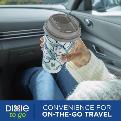 Dixie To Go - Tazas de bebidas calientes y tapas deslizantes, 16 onzas, 108 unidades, diseños surtidos, tazas de café de papel desechables y tapas deslizantes (6 paquetes de 18 tazas y tapas)