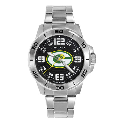 Nivada Swiss Edición Especial Green Bay Packers Reloj para Hombre Extensible de Acero Carátula Negra Indicadores Arábigos Taquímetro Caja 42MM
