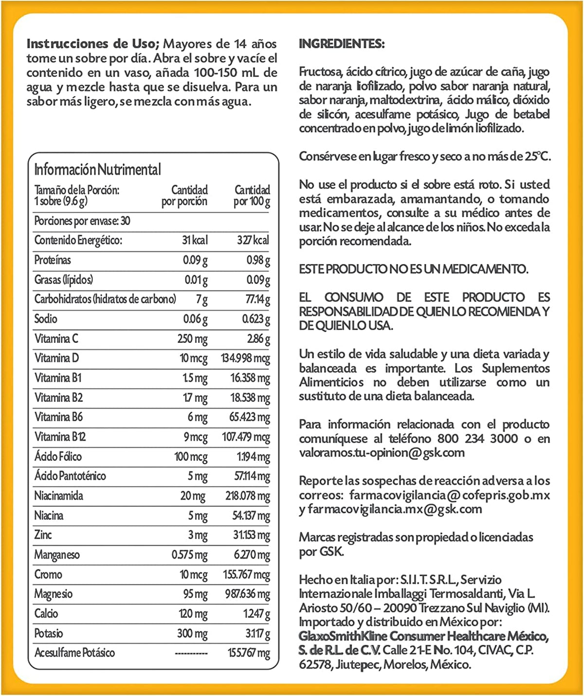 Emergen-C Suplemento Alimenticio Polvo Efervescente Sabor Naranja Caja con 10 sobres