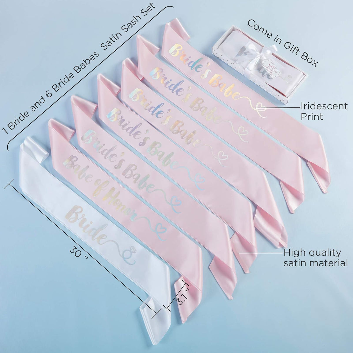 Kate Aspen Bachelorette Brides Babes Iridescent Satin Sash (juego de 7) Kit de fiesta, talla única, rosa