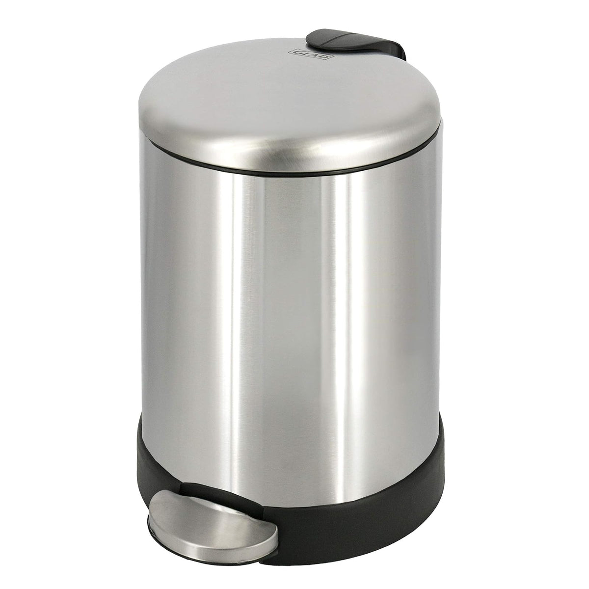Glad Cubo de basura pequeño, 1.2 galones | Cubo de basura redondo de acero inoxidable con tapa de cierre suave y pedal de pie | Cesta de basura de metal con cubo interior extraíble, acero inoxidable