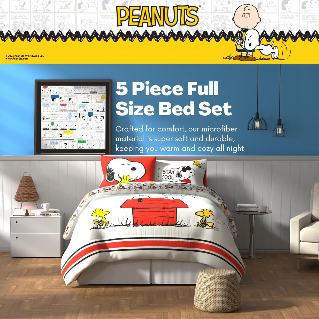 Franco, Charlie Brown & Snoopy Classic - Juego de edredón y sábanas súper Suaves, 5 Piezas, tamaño Matrimonial, Producto Oficial con Licencia.