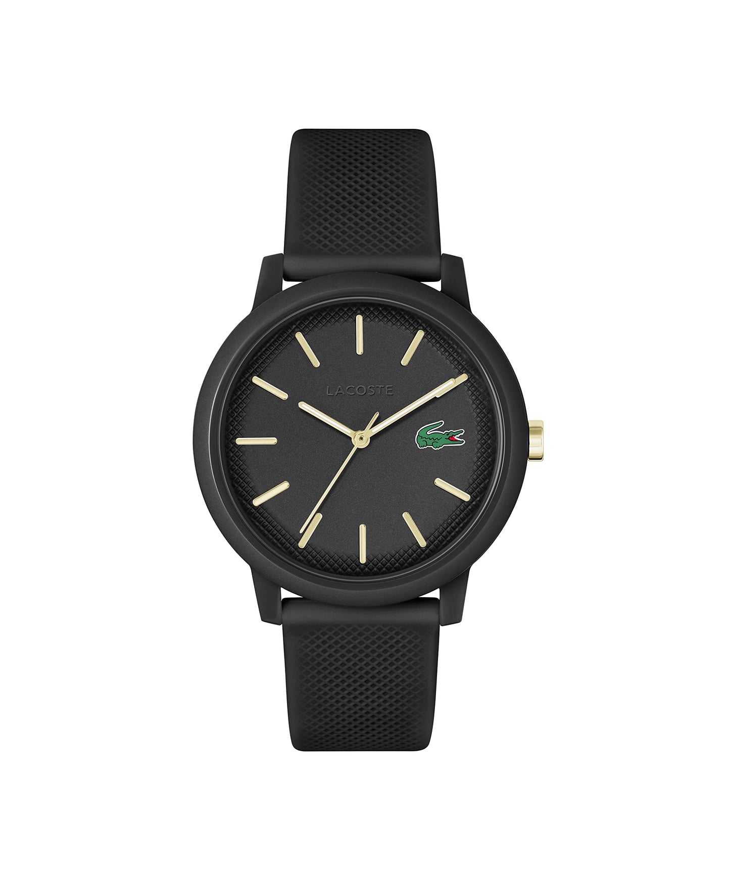 Lacoste 12.12 Chrono Reloj de silicona para hombre, Negro Oro, 42 mm, Goma