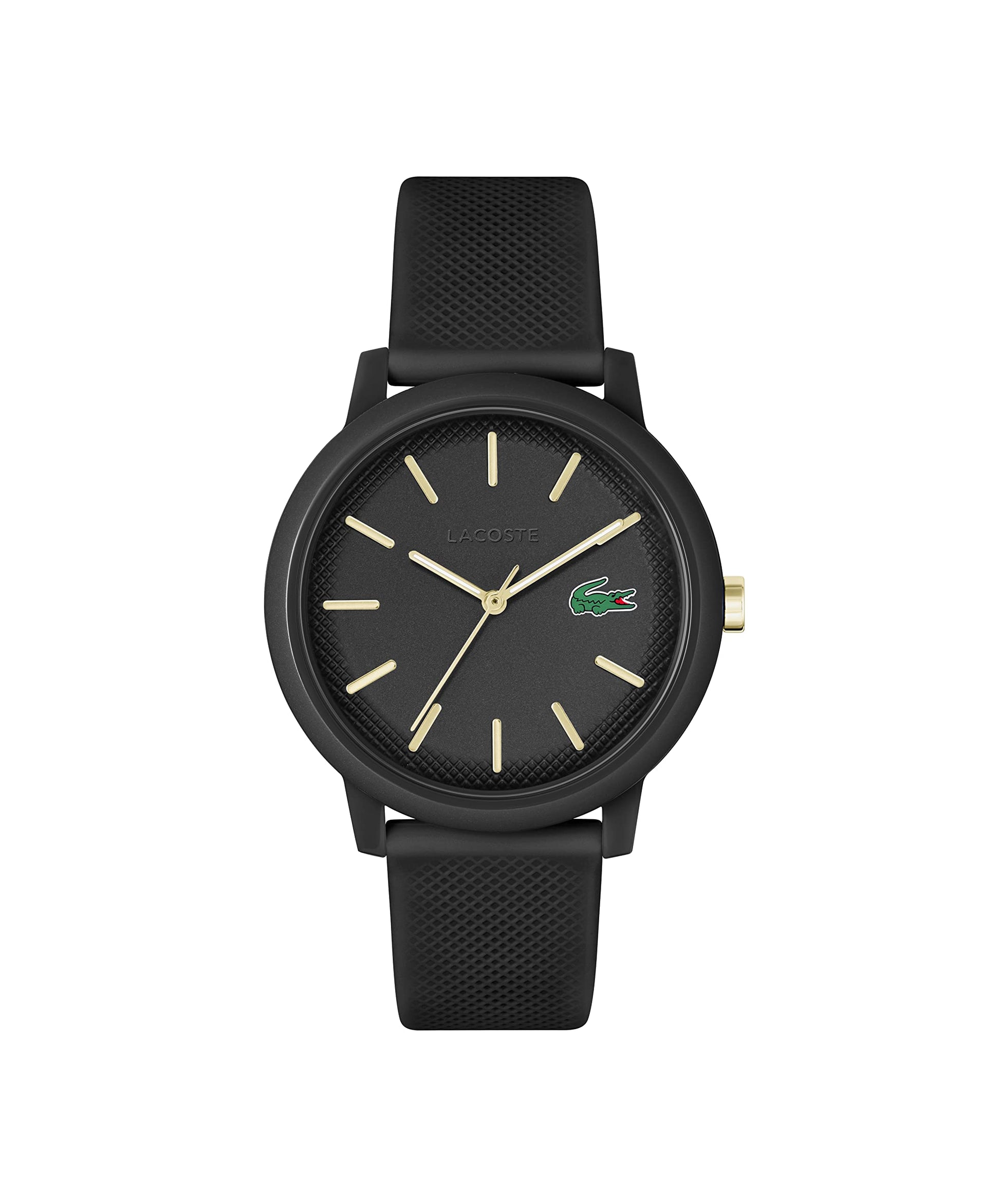 Lacoste 12.12 Chrono Reloj de silicona para hombre, Negro Oro, 42 mm, Goma