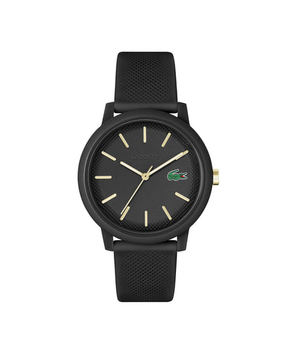 Lacoste 12.12 Chrono Reloj de silicona para hombre, Negro Oro, 42 mm, Goma
