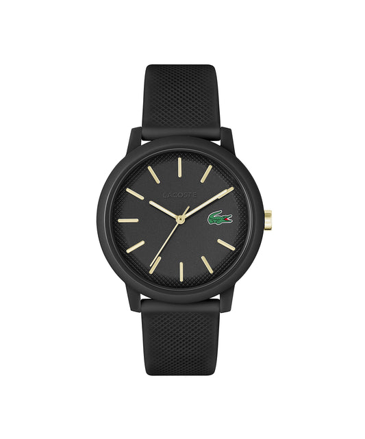 Lacoste 12.12 Chrono Reloj de silicona para hombre, Negro Oro, 42 mm, Goma