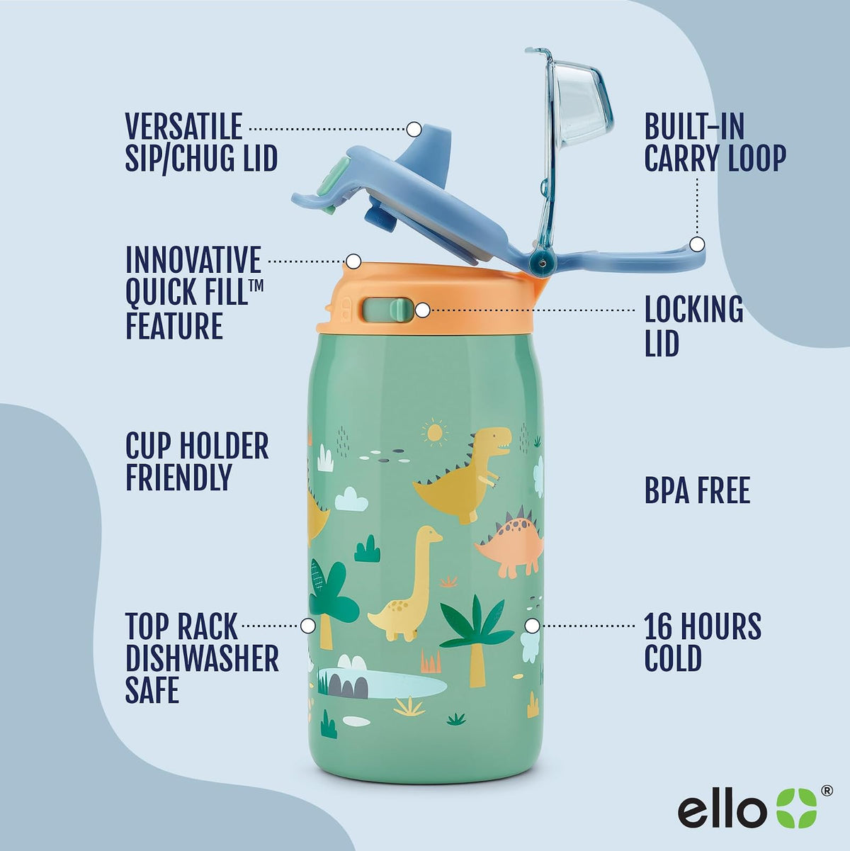 Ello Kids Pop & Fill Botella de agua de 12 onzas con tapa de llenado rápido, acero inoxidable aislado al aspiradora de doble pared, a prueba de fugas, sin BPA, sorbos y chug, para escuela, loncheras