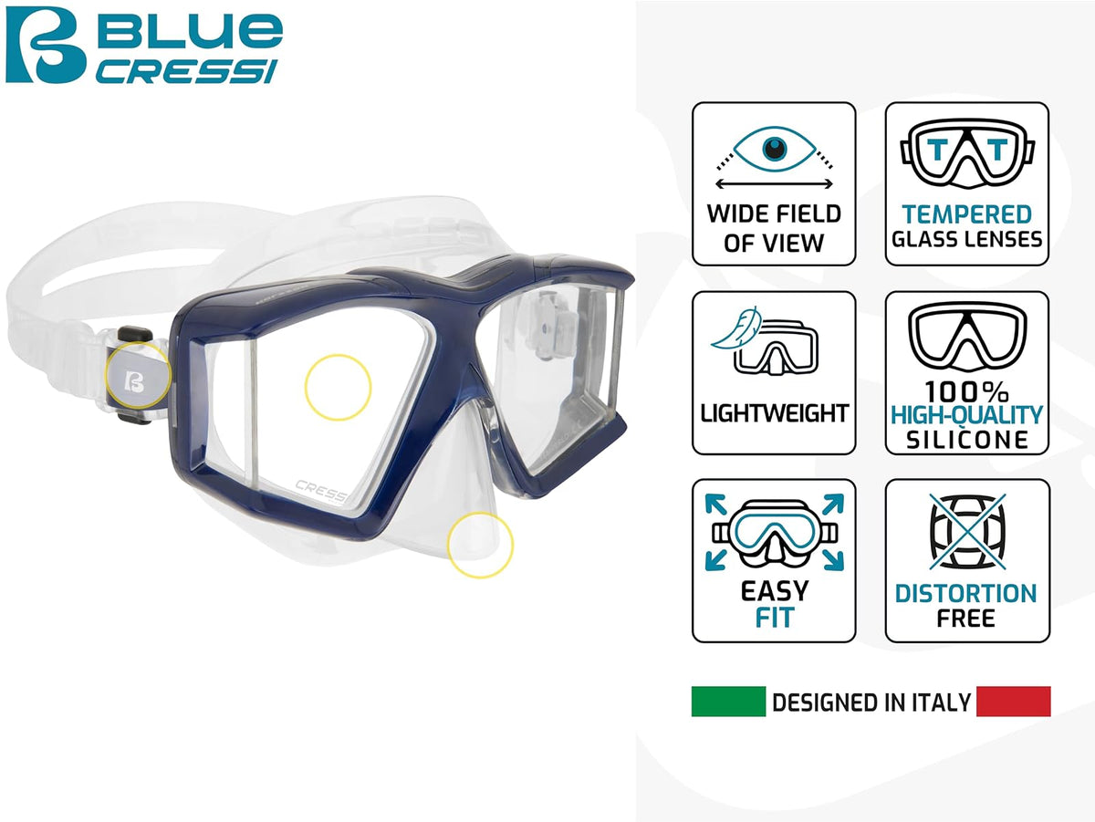 CRESSI Horizon – Máscara de Buceo y esnórquel Unisex con 4 Lentes temperares Separados o Set máscara+esnórquel Scilla Top Dry Combo para una visión Completa Limitada por Pines