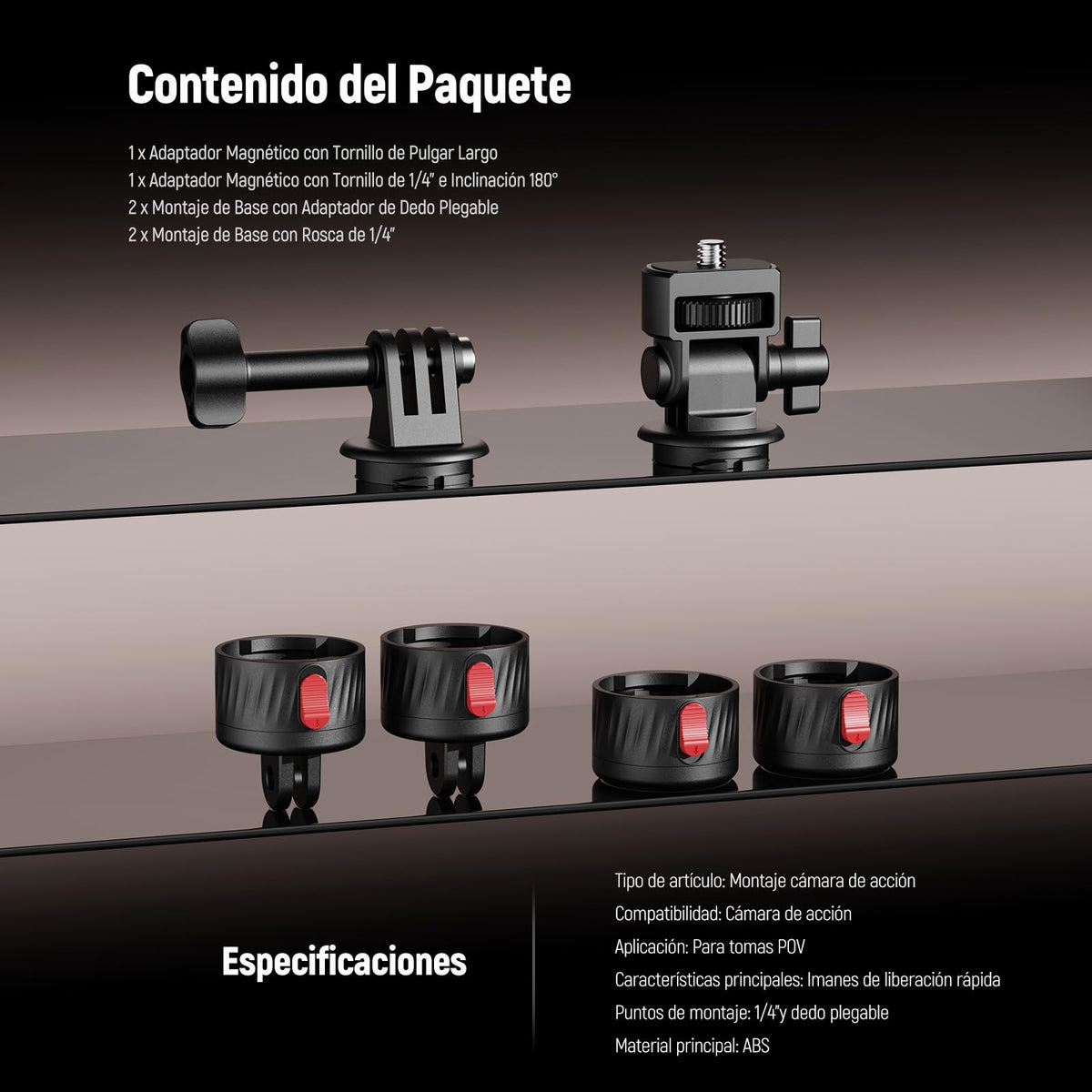NEEWER Kit de Montaje Magnético para Cámara de Acción, Compatible con GoPro Hero 13 12 11 MAX dji Osmo Action Insta360, Soporte Magnético de Liberación Rápida ABS para Tomas POV, GP-24