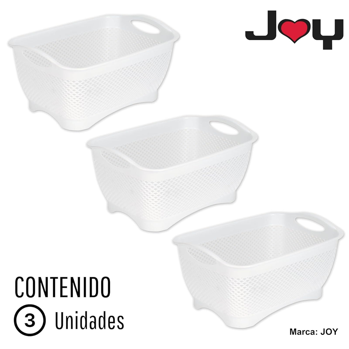 JOY Canastas Organizadoras de Plástico Set de 3 Cestos de Almacenamiento y Decoración Blancos. Ideal para Artículos de Baño, Lavandería, Despensa, Cocina y el Hogar, es Multiusos y Fácil de Limpiar