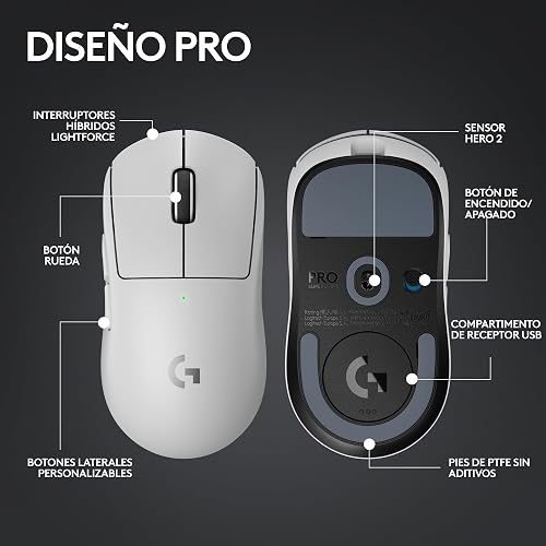 Logitech G Pro X Superlight 2 Lightspeed Mouse Inalámbrico de Juegos, Ligero, Interruptor Híbrido LIGHTFORCE, Sensor Hero 2, 32,000 dpi, 5 BOT. Programables, Carga USB-C, PC y Mac - Blanco