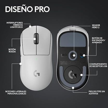 Logitech G Pro X Superlight 2 Lightspeed Mouse Inalámbrico de Juegos, Ligero, Interruptor Híbrido LIGHTFORCE, Sensor Hero 2, 32,000 dpi, 5 BOT. Programables, Carga USB-C, PC y Mac - Blanco