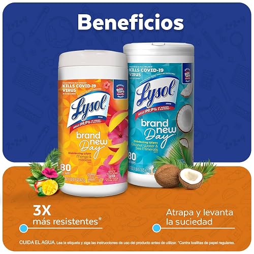 Lysol Toallitas Desinfectantes Multi Aroma (Coco & Mango), 2 Paquetes 80pz c/u