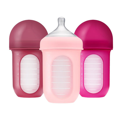 Boon Nursh Biberones de Silicona Reutilizables 8 oz, Paquete de 3, Menta - 236.59 mililitros - Rosado