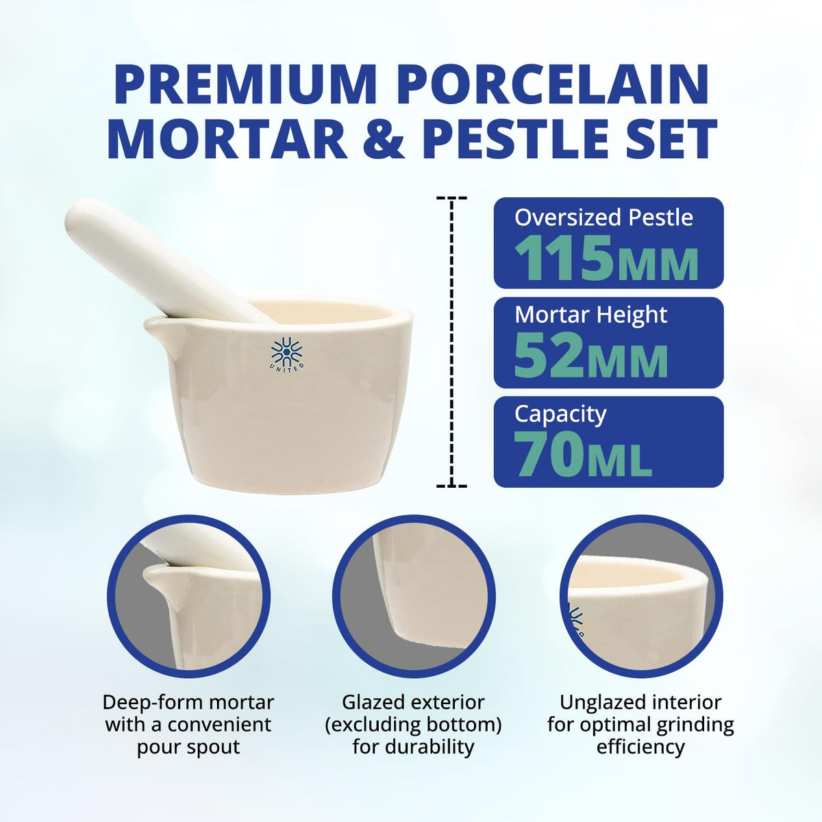 United Scientific Juego de Mortero y Maja de Cerámica | 70 ml, 2.75 pulgadas, forma profunda, boquilla de vertido, superficie sin esmaltar