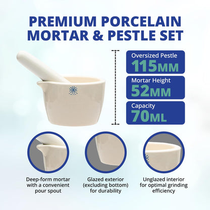United Scientific Juego de Mortero y Maja de Cerámica | 70 ml, 2.75 pulgadas, forma profunda, boquilla de vertido, superficie sin esmaltar