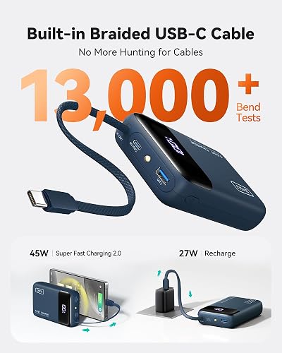 INIU Cargador portátil, pequeño Banco de energía de 20000 mAh con Cable USB-C Integrado, Mini batería de Carga rápida de 45 W, Cargador de teléfono Esencial de Viaje para Estudiantes universitarios
