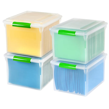 IRIS USA Caja Organizadora de Archivos WeatherPro con Broches, Resistente al Agua - Transparente - Verde - Paquete de 4