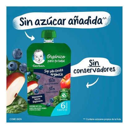 Papilla Gerber Orgánico Pouch Etapa 2 Manzana, Mora Azul y Espinaca 100g Paquete 12