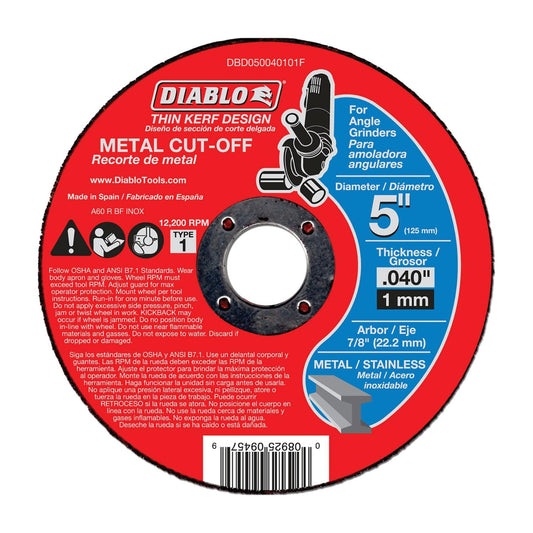 Diablo - Discos de corte de metal de punta fina - Diámetro de 5 pulgadas, eje de 7/8 pulgadas, 1 tipo cubeta, 0.04 pulgadas de grosor, 12200 RPM máximo, paquete de 10 - DBD050040110F