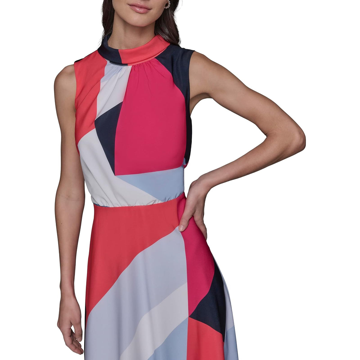 KARL LAGERFELD Mock Neck Patterned Contrasting Colors Midi Dress Vestido Mujer