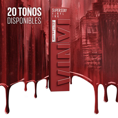 Maybelline Super Stay Vinyl Ink, Labial Líquido de Larga Duración, Efecto Vinilo y Acabado Brillante Instantáneo, Color Intenso por Hasta 16 Horas, Tono Punchy