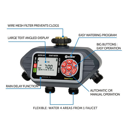 Eden 93413 Temporizador Digital programable de Agua de 4 Zonas, Compatible con Sensor inalámbrico de Humedad del Piso