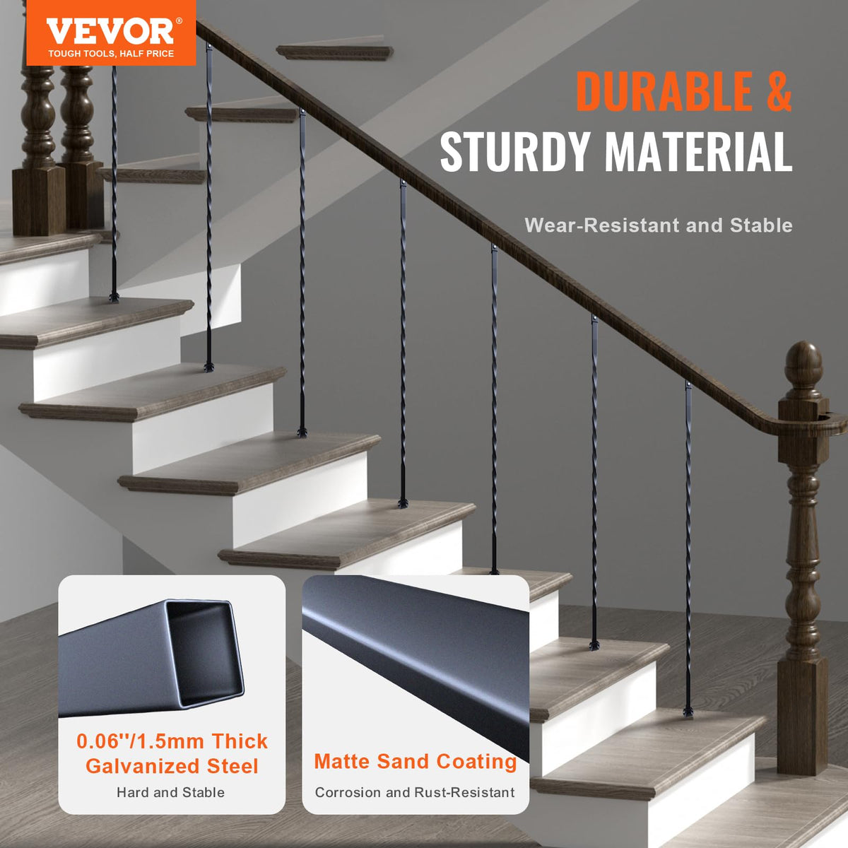 VEVOR - de metal para escalera, 44 x 1/2 pulgadas, ejes decorativos de acero galvanizado, paquete de 10 de cubierta con giros huecos, de escalera en espiral negra