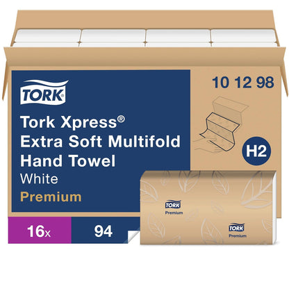 Tork 101298 - Toallas de mano multiplegado, extra suaves, color blanco con estampado de hoja azul, 16 paquetes de 94 toallas (101298)