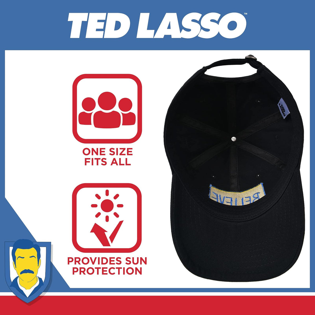 Ted Lasso - Gorro de béisbol Ajustable de algodón con Estampado Believe con Borde Curvado, Color Negro, Talla única, Negro -, One Size