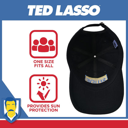 Ted Lasso - Gorro de béisbol Ajustable de algodón con Estampado Believe con Borde Curvado, Color Negro, Talla única, Negro -, One Size