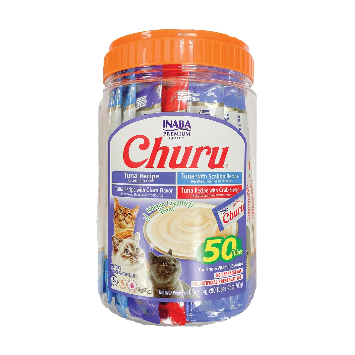 Churu Inaba Premios Cremosos para Gato, Control de Bolas de Pelo, 24 Tubos - Mix Mariscos - 50 Tubos