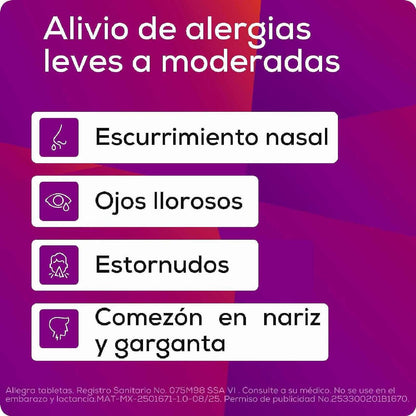 Allegra Antihistamínico para Alergias Leves a Moderadas 10 tabletas 120 mg. Controla los Síntomas de la Alergia a partir de 30 Minutos. No Causa Sueño