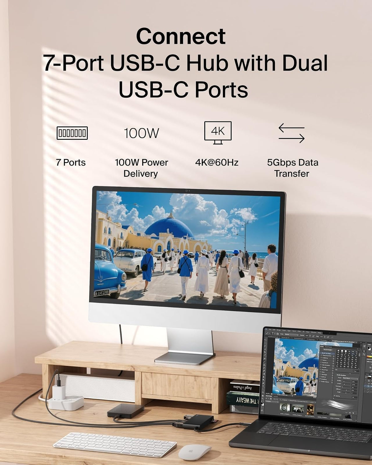 Belkin Hub USB C, concentrador de 7 Puertos con visualización HDMI 4K a 60Hz, SD y MicroSD, Entrega de energía de 100 W, Transferencia de Datos rápida de 5 Gbps, Adaptador multipuerto USB C para