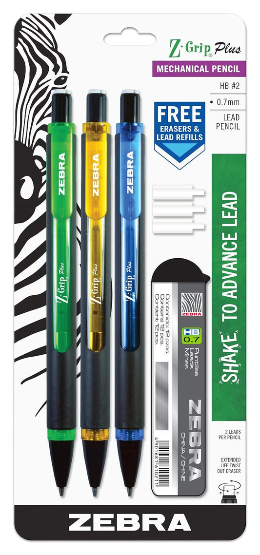 Zebra Z-Grip Plus Portaminas recargable, 0.7 mm, minas y borrador como bono, colores de barril surtidos, Green, Yellow, Blue, Azul, verde, amarillo, 3-unidades
