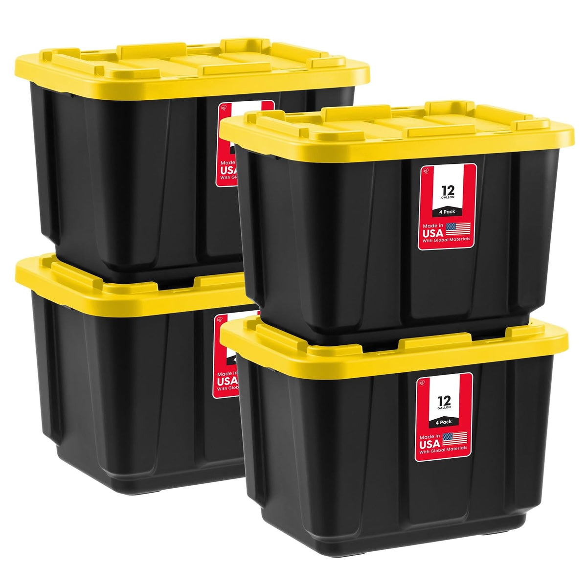 IRIS USA 4 Contenedores Resistentes de 12 Gal con Tapa, Negro/Amarillo | Diseñado para herramientas, ferretería y suministros automotrices. Forma apilable para garajes y talleres.