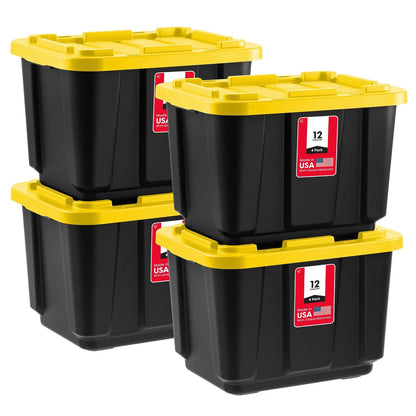 IRIS USA 4 Contenedores Resistentes de 12 Gal con Tapa, Negro/Amarillo | Diseñado para herramientas, ferretería y suministros automotrices. Forma apilable para garajes y talleres.