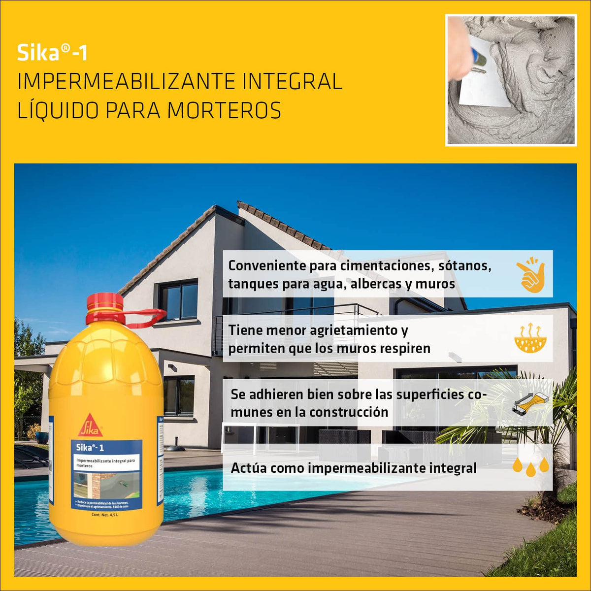 SIKA - Aditivo Líquido - Sika-1 - Impermeabilizante Integra para Morteros - Mortero Impermeable - Menos Grietas - Paredes Transpirables - Fácil de Aplicar - Pet 5 L - Color Viscoso Amarillo Líquido