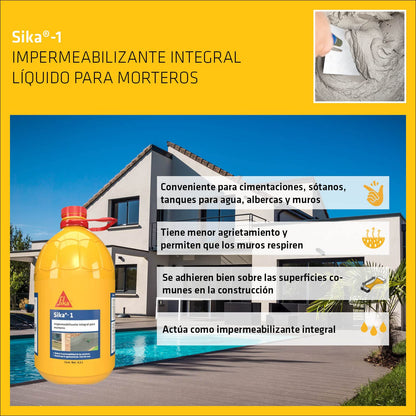 SIKA - Aditivo Líquido - Sika-1 - Impermeabilizante Integra para Morteros - Mortero Impermeable - Menos Grietas - Paredes Transpirables - Fácil de Aplicar - Pet 5 L - Color Viscoso Amarillo Líquido