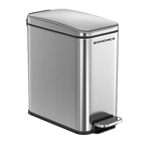 SONGMICS - Papelera de baño de 1.3 galones (5 l), pequeña papelera con tapa, delgada para espacios pequeños, cubeta de basura de acero inoxidable, cierre suave, plata ULTB560E05.