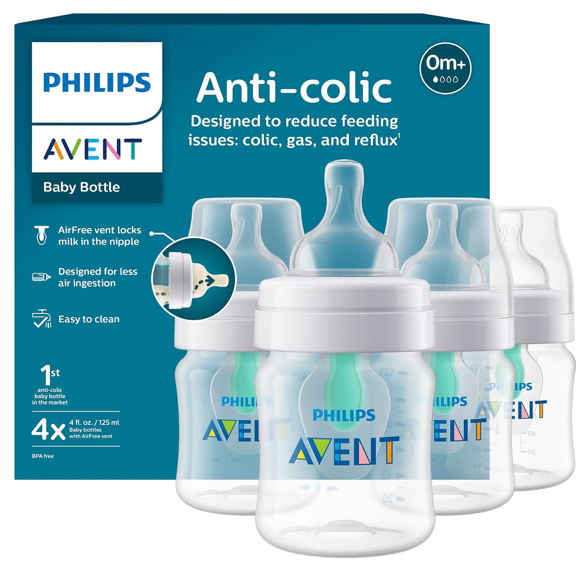 Philips Avent Biberón Anti-colic AirFree™ Clínicamente Comprobado 4 oz | Menos aire durante la alimentación | Ayuda a reducir cólicos y malestares | AirFree™ | Flujo 1 - RN | 4 pz | SCY701/04