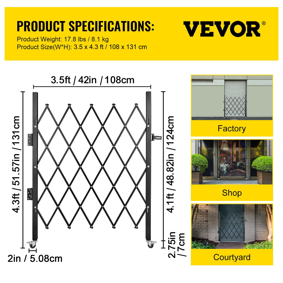 VEVOR Puerta de Seguridad Plegable Simple, Puerta de Seguridad en Acordeón de Acero, Puerta de Seguridad Expandible Flexible, Puerta de Tijera o Puerta con Candado, Peso del Artículo 8,1 kg