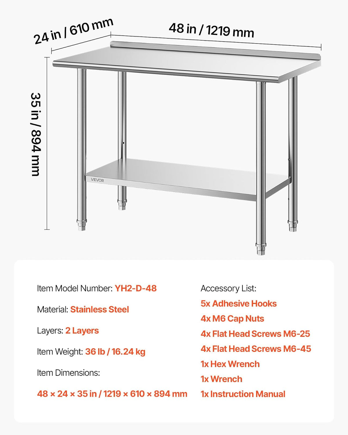 VEVOR Mesa de Trabajo de Acero Inoxidable 2 Niveles, Mesa de Preparación de Alimentos 124,9x61x89,4 cm, Estante Inferior Ajustable, Protector contra Salpicaduras, para Restaurantes, Bares, Hoteles