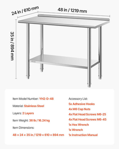 VEVOR Mesa de Trabajo de Acero Inoxidable 2 Niveles, Mesa de Preparación de Alimentos 124,9x61x89,4 cm, Estante Inferior Ajustable, Protector contra Salpicaduras, para Restaurantes, Bares, Hoteles