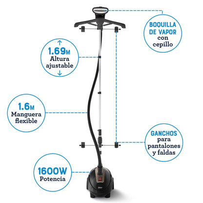 Oster® Vaporizador de Ropa de Pedestal Vertical, con Gancho 360° para Sostener las Prendas, Negro