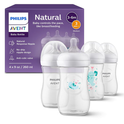 Philips Avent Natural Biberón para Bebé, Tetina Anticólica sin BPA - 260 ml (Pack of 4) - Deco