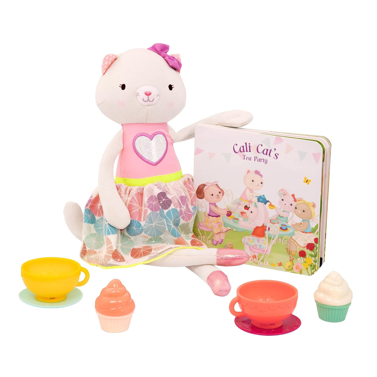 B. toys Tippy Toes Cali Cat, Gata de Peluche con Libro y Juego de té | Set de 8 con Cali Cat, libro de cartón, 2 tazas, 2 platos y 2 pastelitos para juego simbólico y lectura, 2 años y +