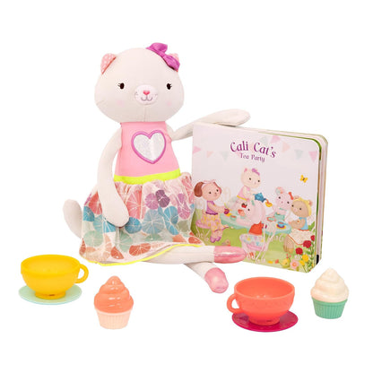 B. toys Tippy Toes Cali Cat, Gata de Peluche con Libro y Juego de té | Set de 8 con Cali Cat, libro de cartón, 2 tazas, 2 platos y 2 pastelitos para juego simbólico y lectura, 2 años y +