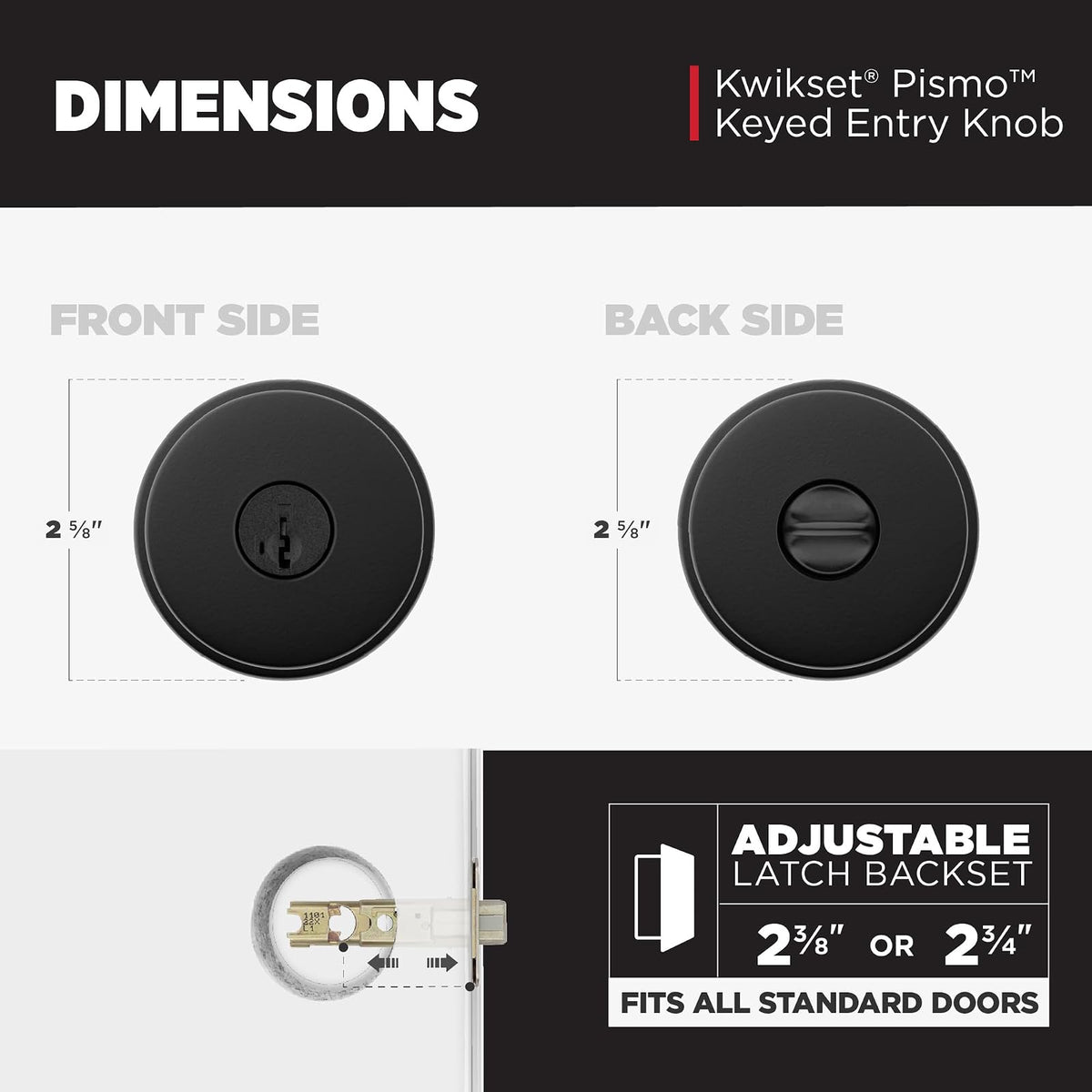 Kwikset Pismo - perilla para puerta de entrada con cerradura y llave, mango con llave segura exterior, entrada frontal y recámara, negro mate, resistente a la púa SmartKey Rekey Security y Microban